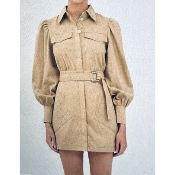 C/MEO Collective Camel Tan Dark Academia Long Puff Sleeves Office Mini Dress 6M - Picture 1 of 11